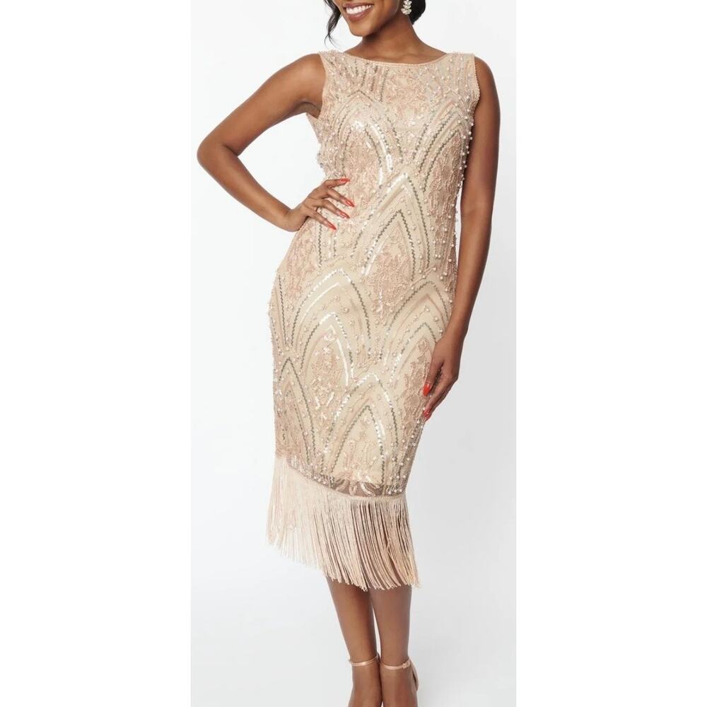 Unique Vintage Champagne Beige Sequin Sleeveless Flapper Dress M NWOT